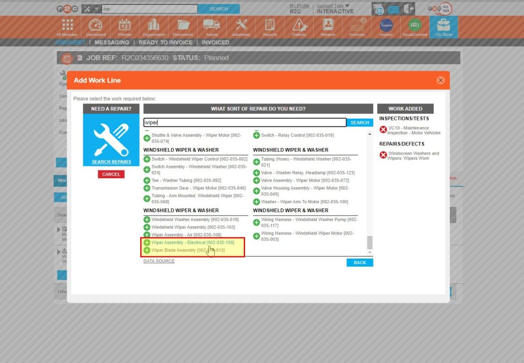 Step 2 - Click to select a repair from the list.