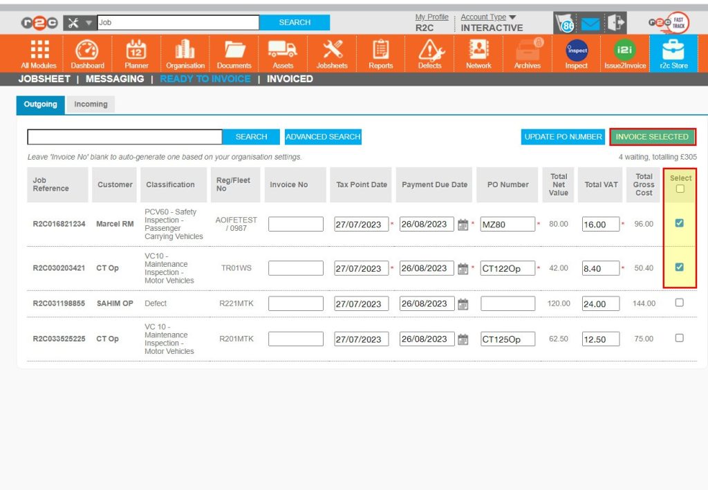 Step 2 – You can use the checkbox to select multiple jobs from the list, or the select all option to update all jobs at once. Once you have made your selection, click the ‘INVOICE SELECTED’ button to mark the jobs as invoiced.