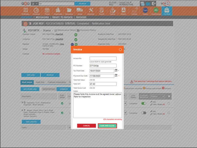 Step 2 – In the pop-up box, you can check over and confirm the details. Invoice numbers and PO numbers will auto populate if these settings have been enabled. You can also enter any notes related to this specific invoice. Click SAVE AND CLOSE to create the invoice.