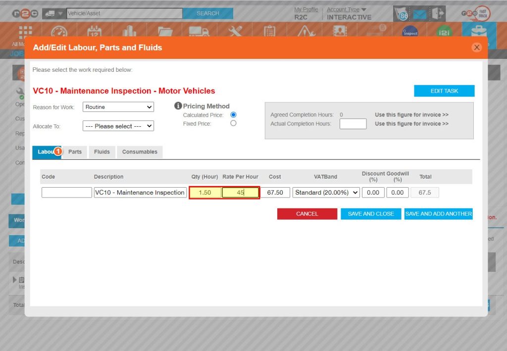 First enter the time spent in hours for the inspection or service and then enter the labour cost per hour