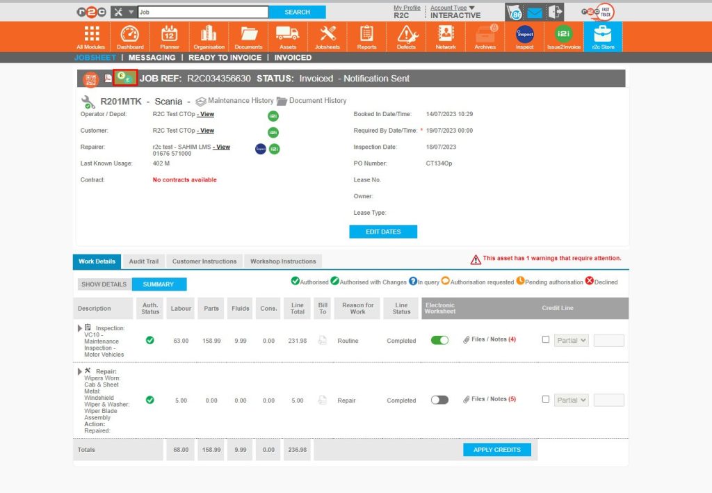 Step 3 – The jobsheet status has now been updated and the work lines can no longer be amended. The invoice can be downloaded using the blue pound symbol.