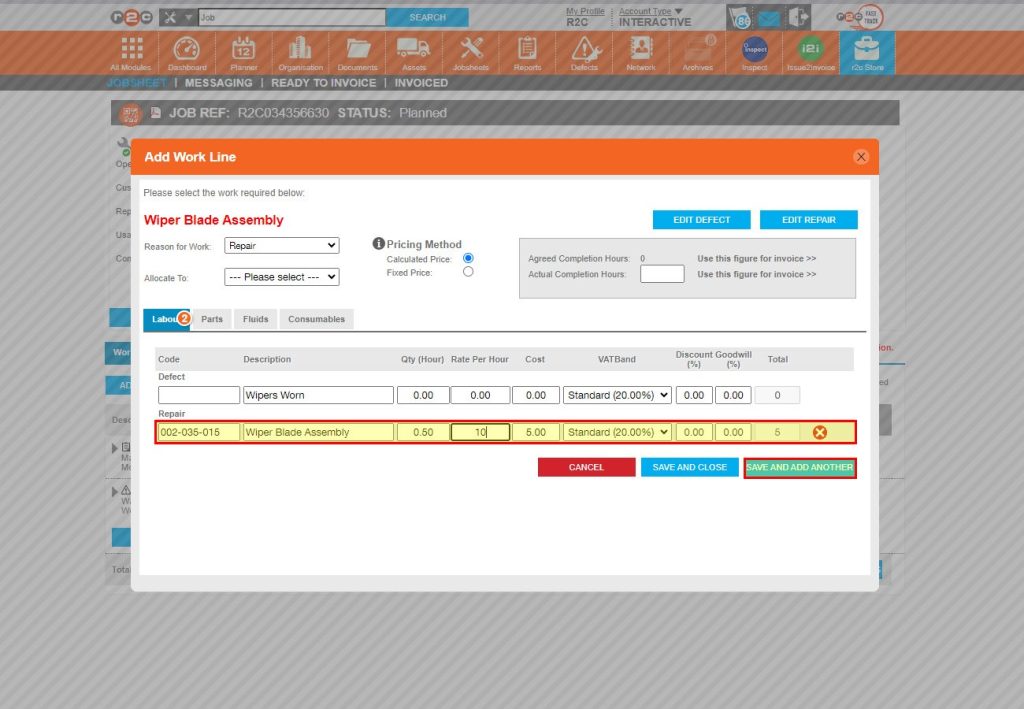 Step 3 - As before, enter the quantity and rate per hour and then use the parts, fluids and consumables tab if needed, Once all costs have been added, click Save and close.