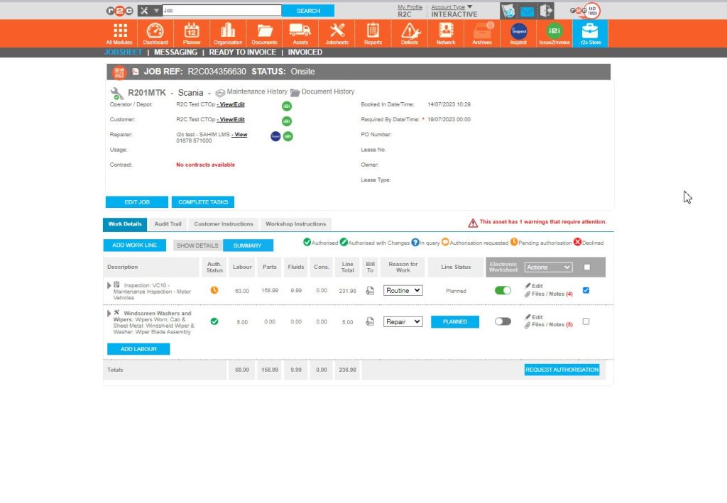 Step 7 - To alert the customer of the updated information, select the worktime and then request authorization again.