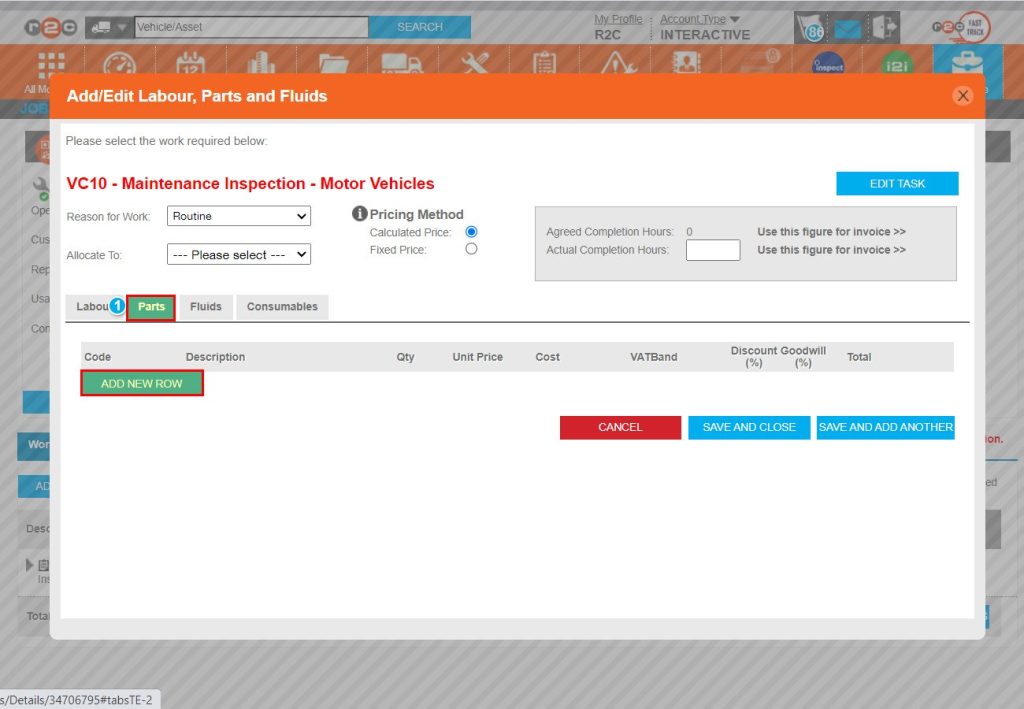 Step 3 -  You can also add parts to a task line to charge for anything not included within the initial labour cost. Click the Parts Tab and then Add Row.