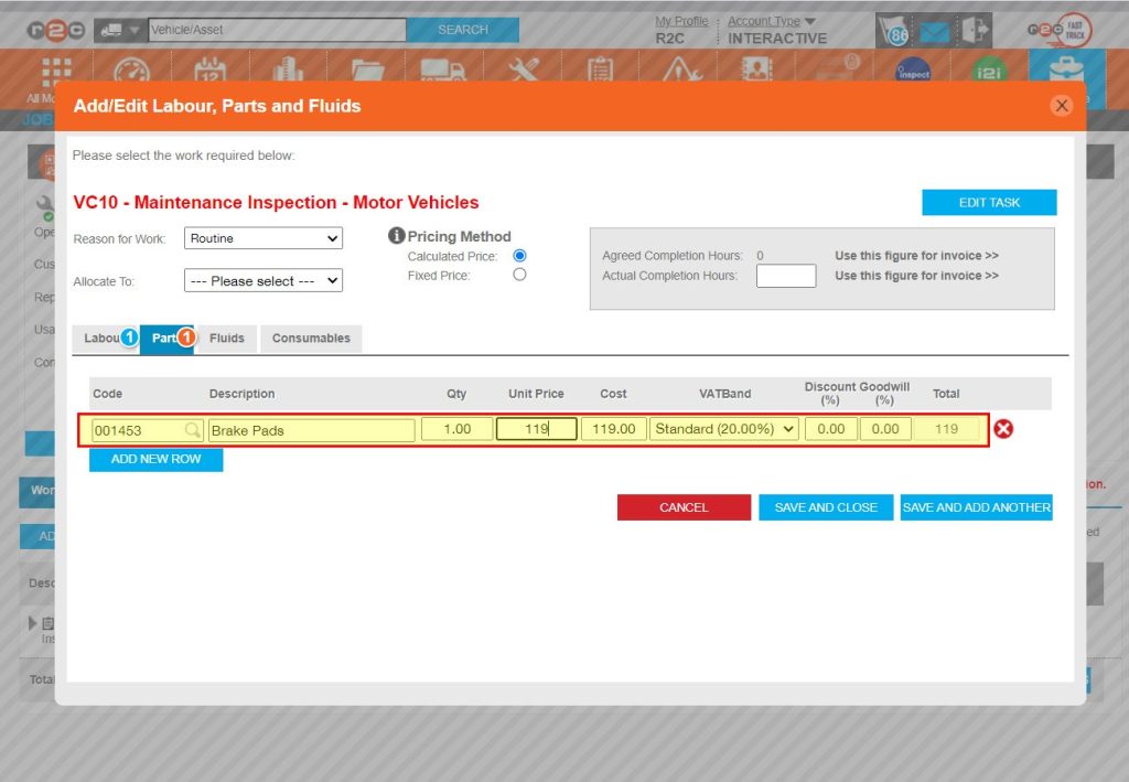 Step 4 - Next, enter a description of the part used. You can also add a part code if needed. Then add the quantity used and unit price