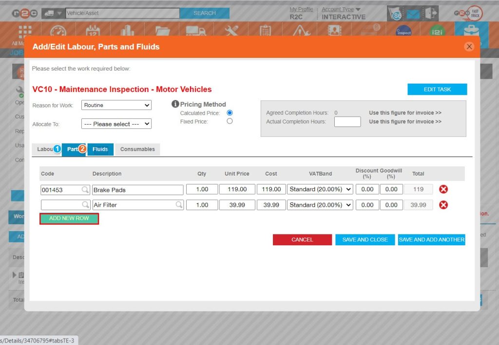 Step 5 - This process can be repeated for additional parts, using the ADD NEW ROW button.