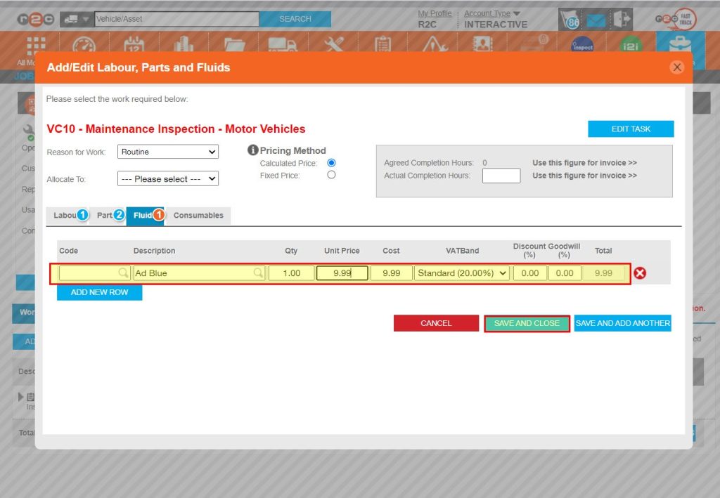 Costs for fluids and consumables can be added in the same way on their respective tabs. Once all costs have been added, click Save and close.