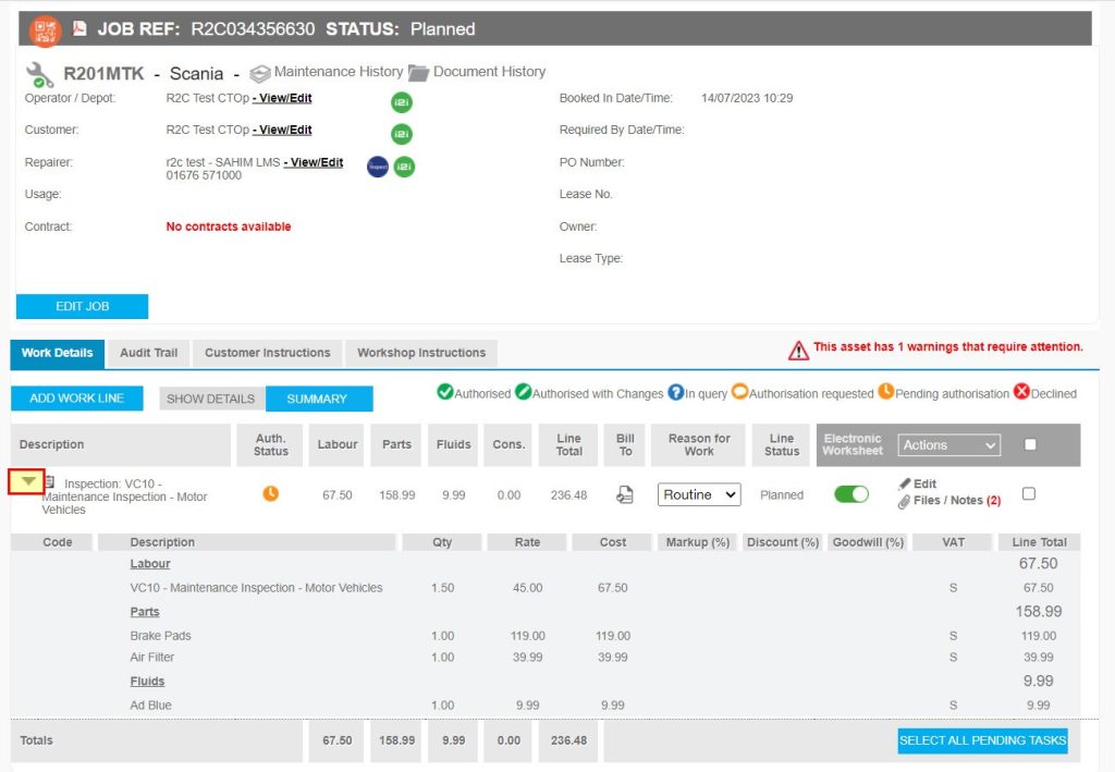 Step 8 - You can expand the work line using the grey arrow to see a breakdown of the costs