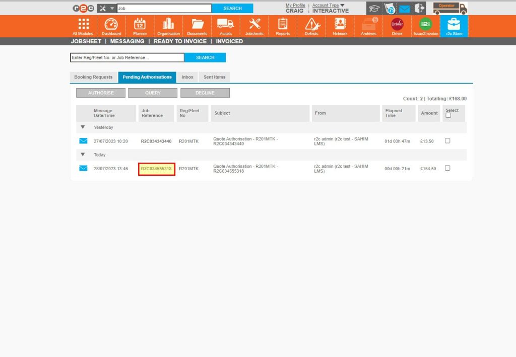 Requests are listed in the pending Authorisatons tab of the messages area. Click on a job number to open the jobsheet.