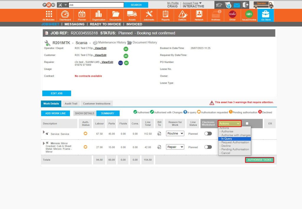 Step 3 - Alternatively, after selecting a line you can click the ‘Actions’ menu should you need to provide a different response. Such as putting a line in Query.