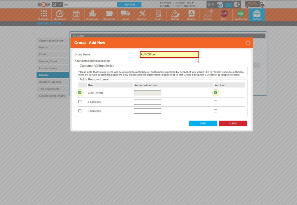Step 3 - Start by giving the group a name and then selecting the users that are part of this group. In this example the ‘No Limit’ option has been ticked. This means the user can approve jobs of any value. Click SAVE once done.