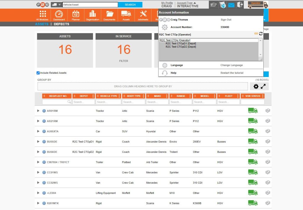 Step 3 - This menu is available on all pages and once a location is chosen pages will show a filtered view of assets and jobs for the specific depot.