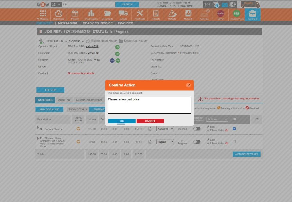 Step 4 - Next, you are required to add a comment. This will be sent to the workshop along with the In Query Notification.