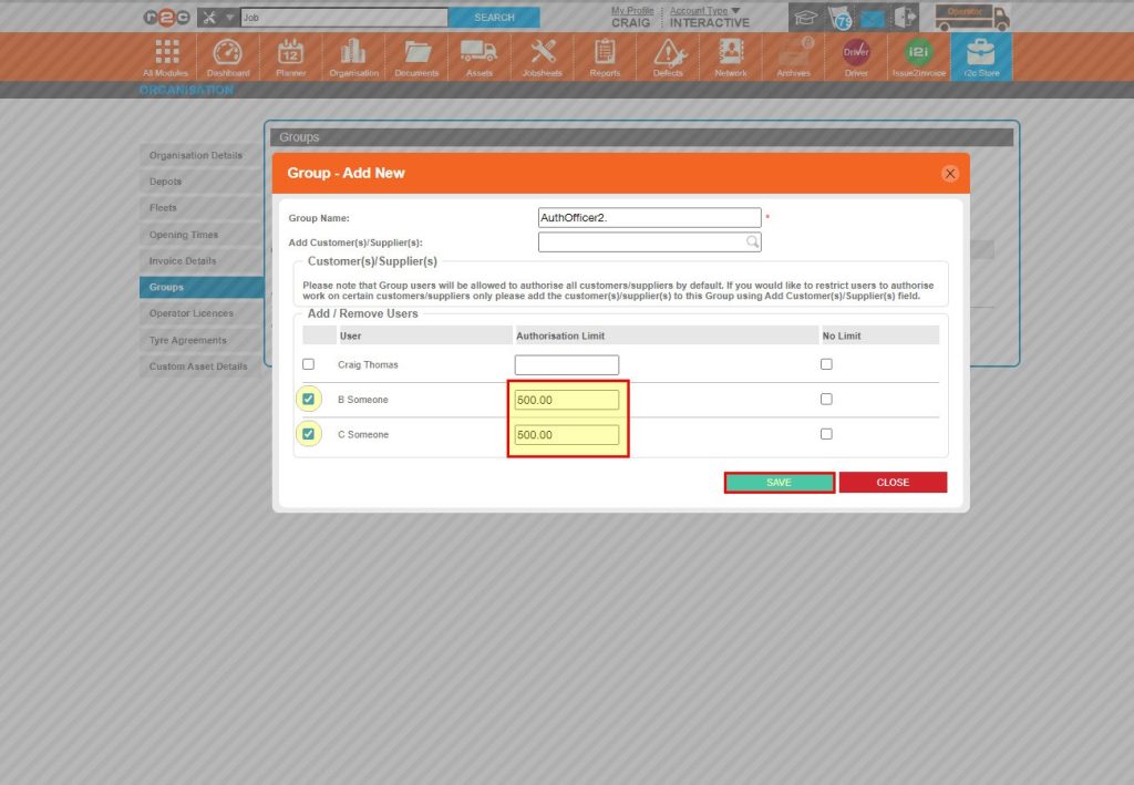 Step 4 - In this example, two users are able to authorise jobs up-to the value of £500 only. Click SAVE once done.