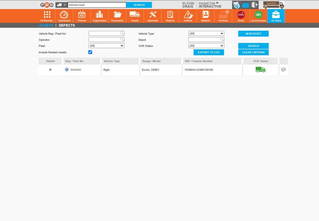Step 4 - In this example the assets page has filtered from the full fleet list to just assets that are assigned to the selected depot.