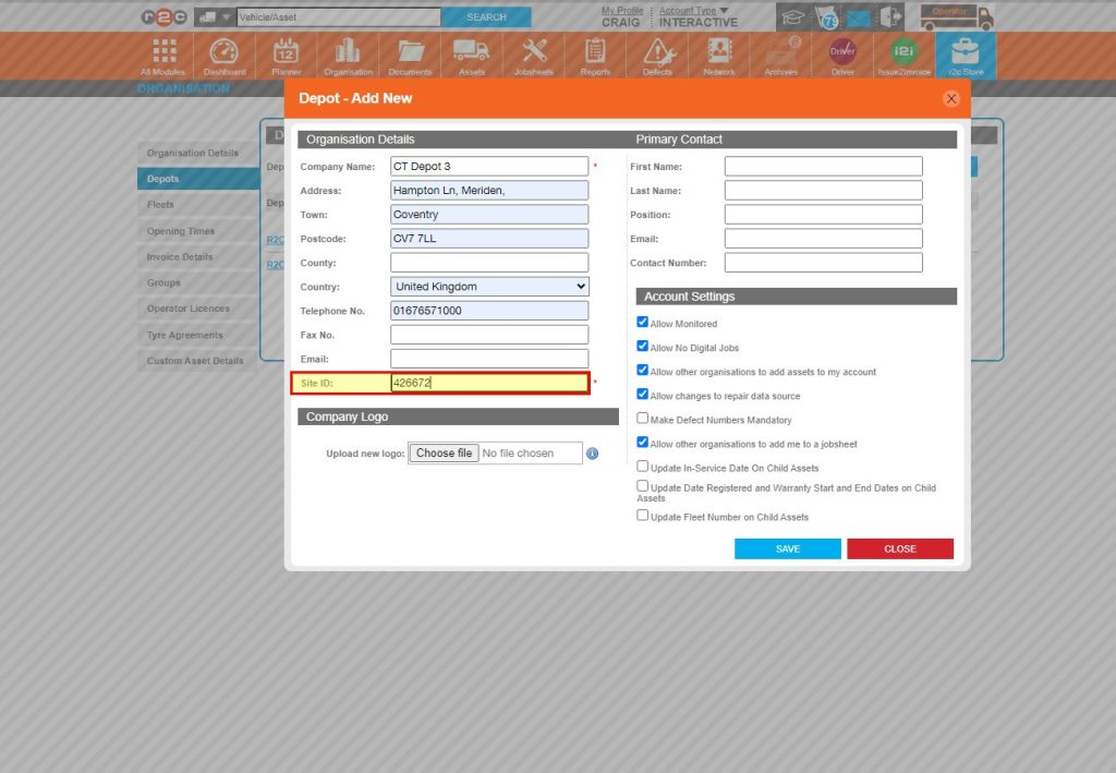 Step 4 - You will also need to create a site ID, This should be a unique 6 digit number. It will be required by all users and drivers to login at depot level.