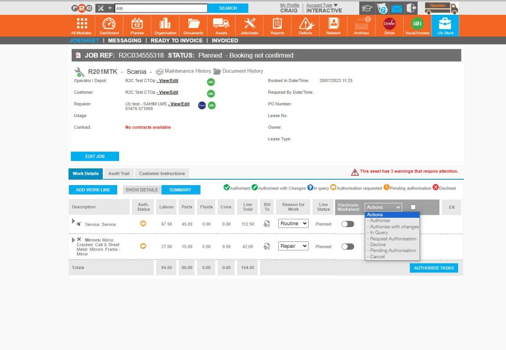 Step 6- This process can be repeated and the actions menu lists the various responses that can e sent back to the workshop, lines can be authorised, authorised with changes, put into query or declined.
