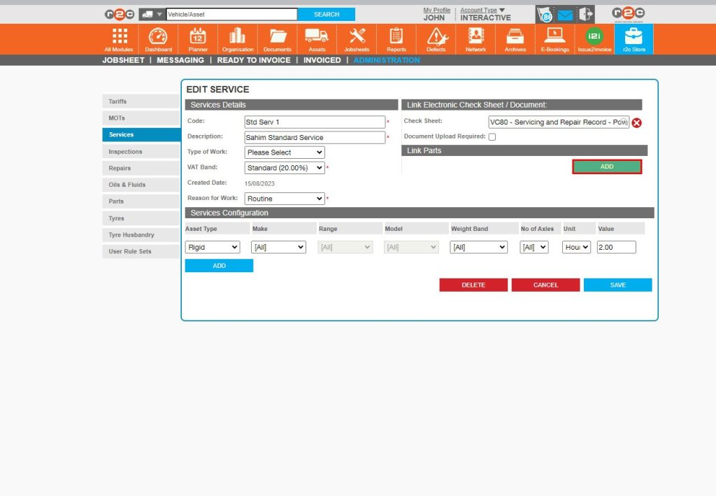 Step 1 - Once the service is created you can also add parts, oils, and fluids. These will then populate as part of the service bundle when the task is added to a jobsheet. Click ‘ADD’ to begin.