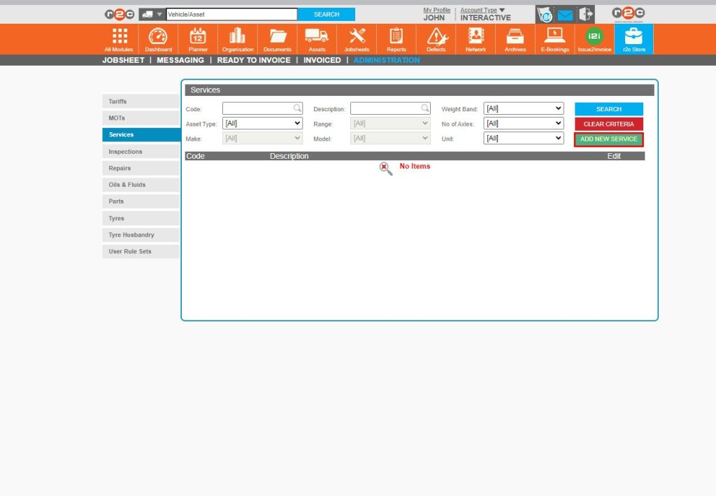 Step 1 - Inspections and services are created in the same way, First click the relevant tab e.g. ‘Services’ and then click the ‘ADD NEW SERVICE’ button.