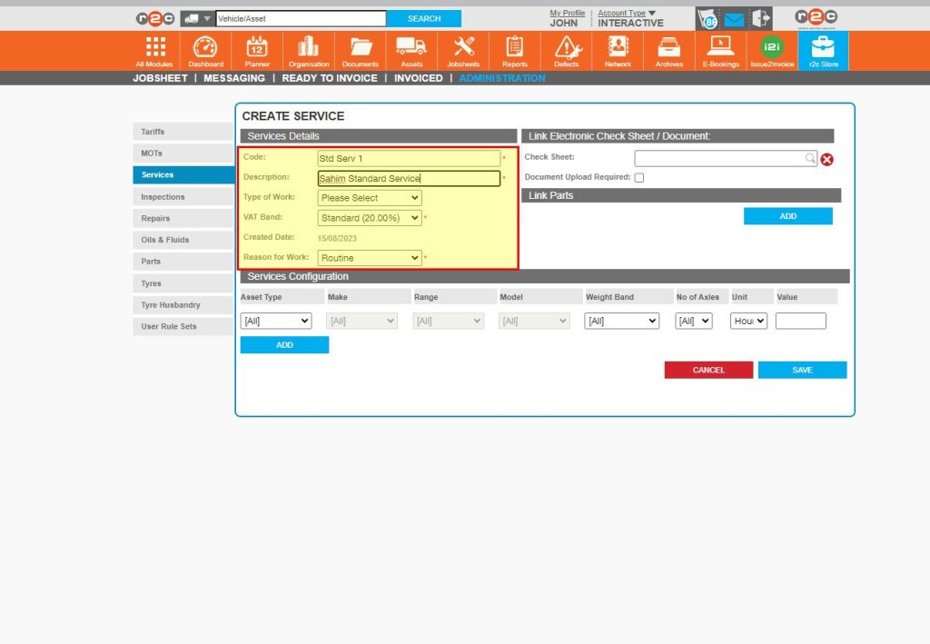 Step 2 - Complete the mandatory fields, to give the service a description and code.