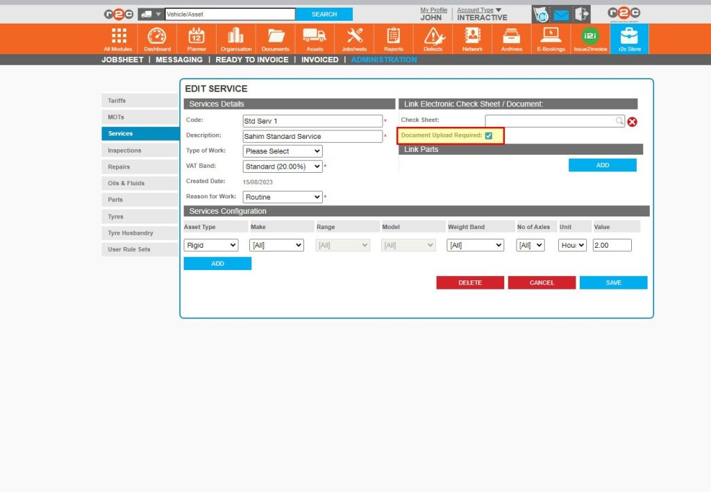 Step 3 - You can choose to make it mandatory for users to upload a document for this type of service. This can be useful if the work is done outside of the r2c inspect system. In which case users are prompted to upload a scanned copy of the service/inspection. If you do not require this, leave the box unticked instead.