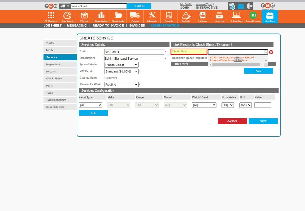 Step 4 - If the work is to be done on the r2c Inspect system, you can then choose to link this service to an existing digital sheet. This can be one of the standard r2c service sheets or a bespoke one.