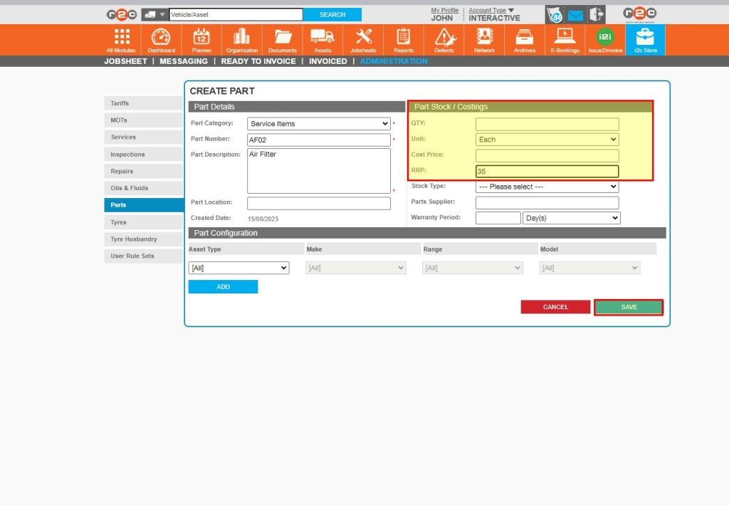 Step 4 - Enter a quantity and price, if needed you can change the configuration so that this item only applies to specific asset types. The default option makes the part available on all asset types.  Once happy with the settings, then click ‘SAVE’.