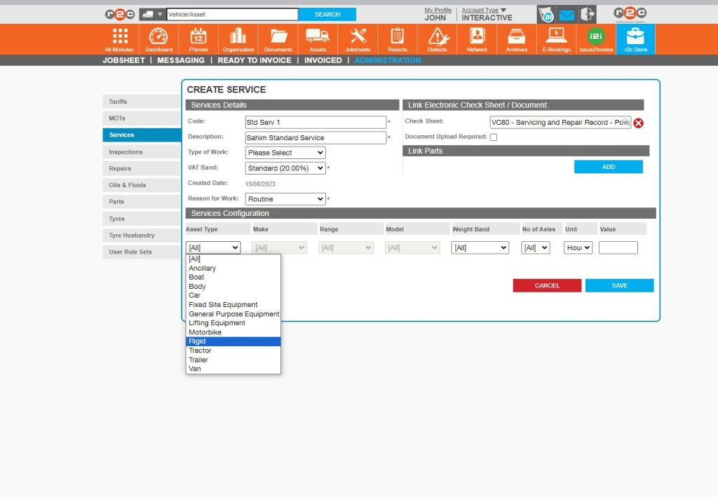 Step 5 - Next, you can choose for this service to only apply to specific asset types, makes and models. In this case asset type ‘Rigid’ has been selected.