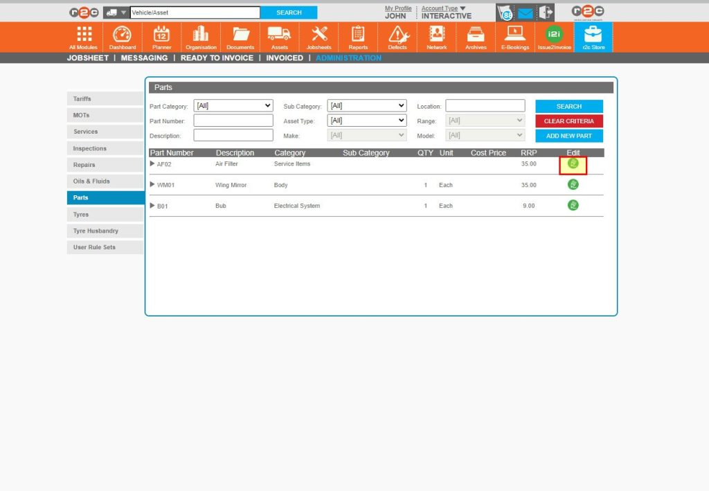 Step 5 - Any parts created will be listed in the tab, and further items can be added by repeating the process. Changes can also be made using the edit icon for each item.