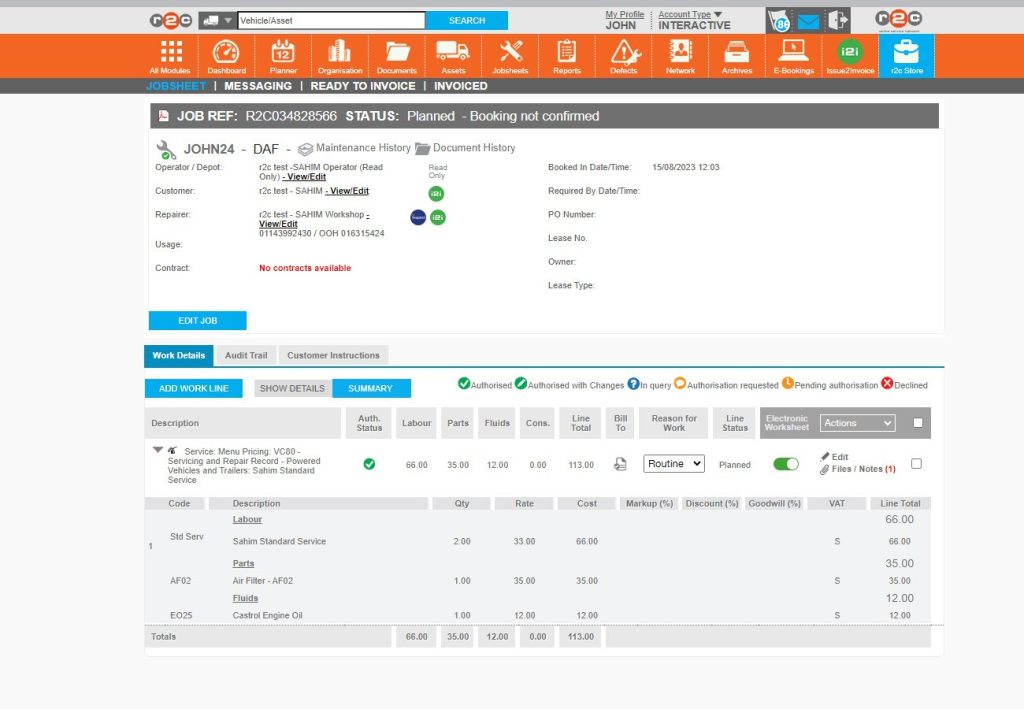 Step 6 – Below is an example of how the number of hours taken to do the service and any linked parts from menu pricing, will populate on the jobsheet task.