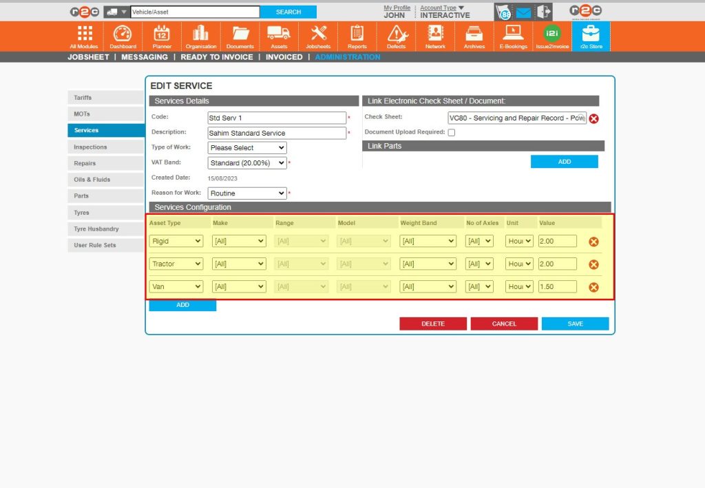 Step 8 - In this example the number of hours taken to complete the service has been set by asset type.