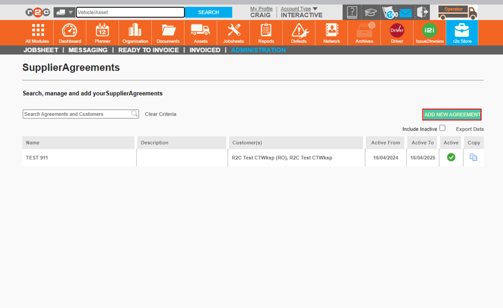 Step 2 - First, you will see any agreements already set up by your workshop or interactive customers that you do jobs for. To start creating a new one click ‘ADD NEW AGREEMENT’.
