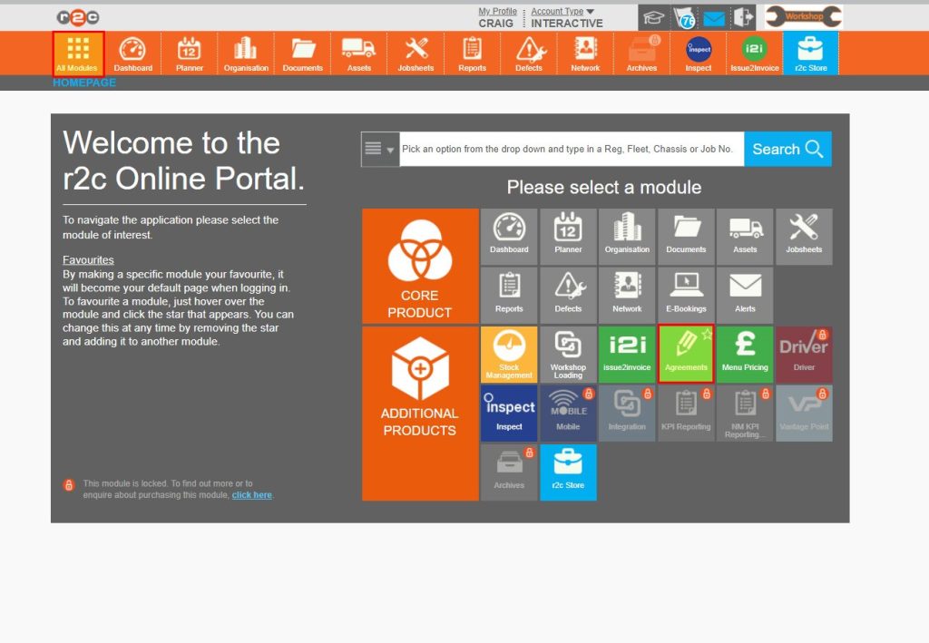 Step 1 - To access the agreements section, start by clicking the ‘All Modules’ icon from the header bar. and then click 'Agreements'