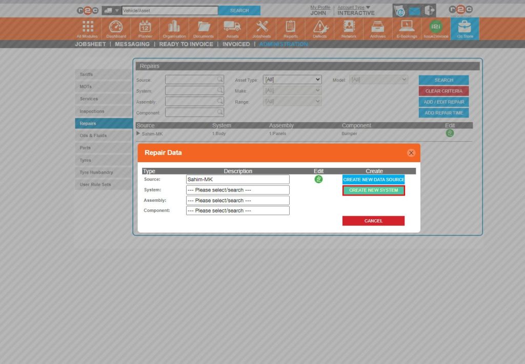 Step 12 - Alternatively, you can build new system categories using the ‘CREATE NEW SYSTEM’ option.  You can then repeat the processes and add further assembly sections and components within them.