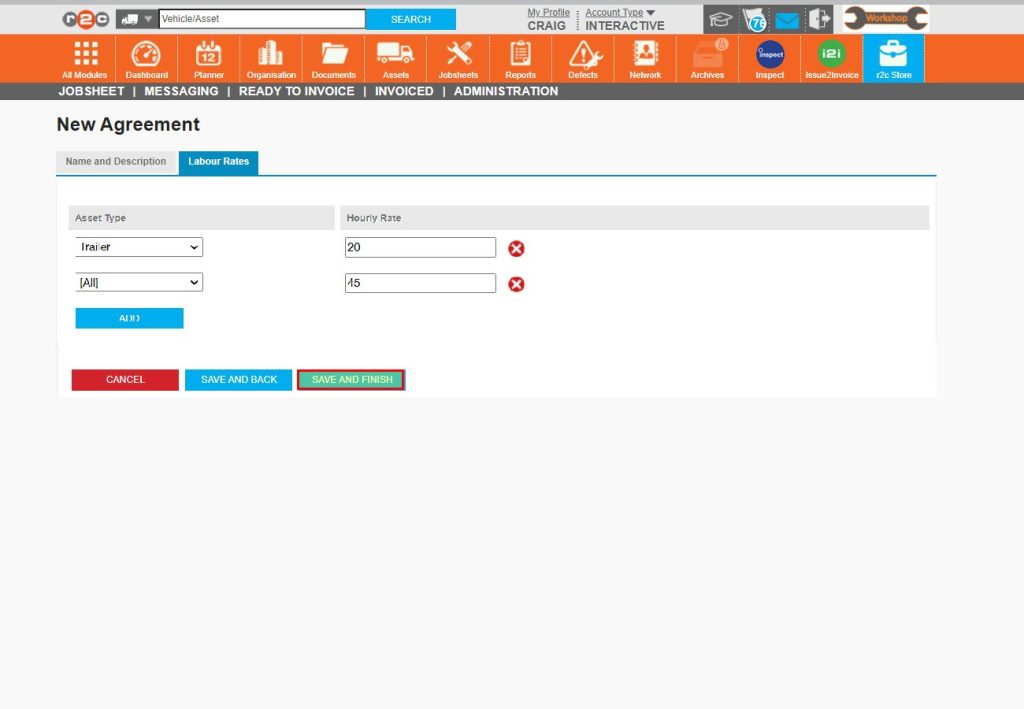 Step 11 - You can continue to specify asset types and labour rates using the ‘Add’ button. Then click ‘SAVE AND FINISH’ once done.