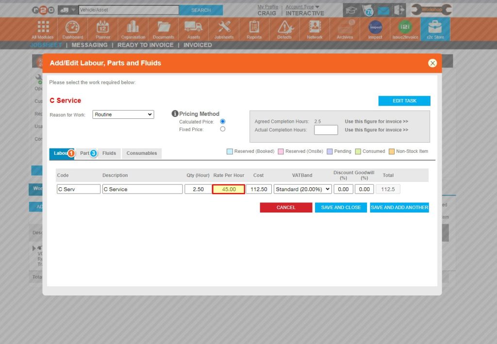 Step 14 - When adding a work line to the jobsheet, the labour rate specified within the agreement will be used. If the type of work is a menu pricing item, then the time specified to the work (qty hours) will also be used.