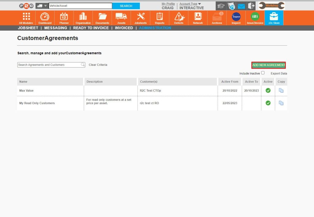 Step 2 - First, you will see any agreements already set up by your workshop or interactive customers that you do jobs for. To start creating a new one click ‘ADD NEW AGREEMENT’