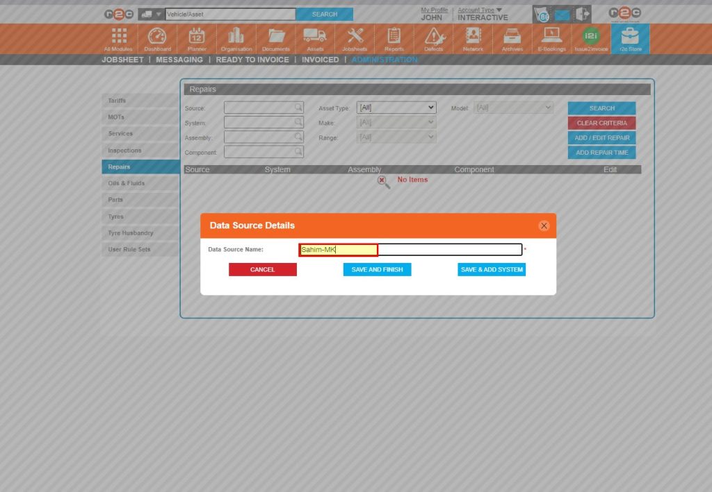 Step 3 - First, in the Data Source field choose a name for the repair catalogue. It is good practice to include your company name. So that you can differentiate between alternative data sources created by your customers or suppliers. Click ‘SAVE & ADD SYSTEM’ to move to the next step.