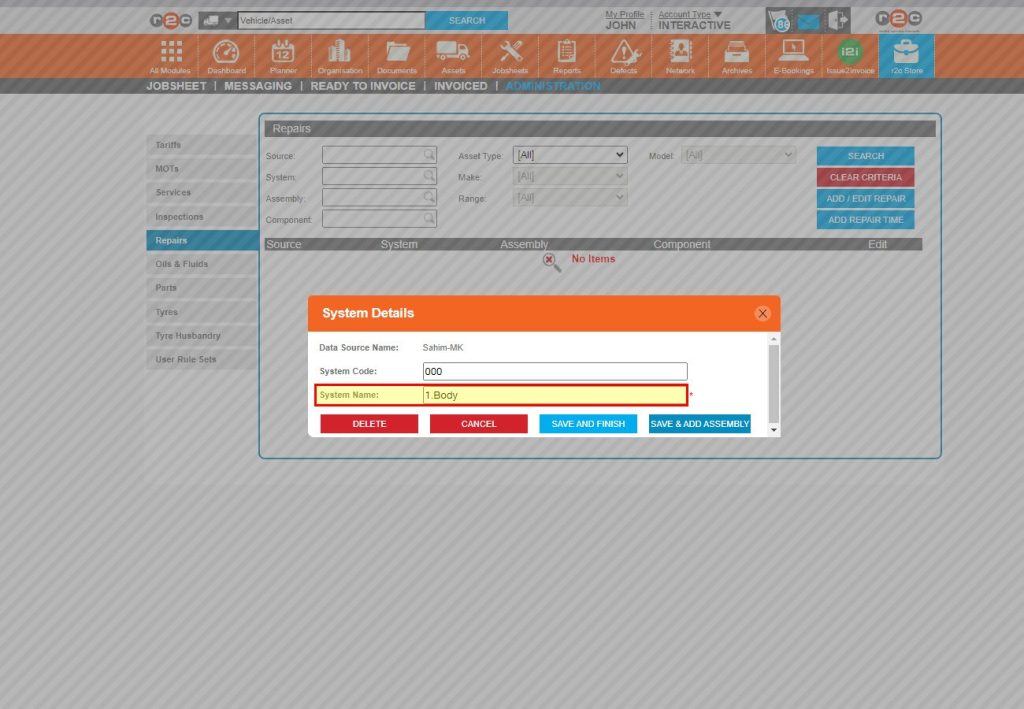 Step 4  - Start by naming the system and then clicking ‘SAVE & ADD ASSEMBLY’ to move on to the next step. The System is the first selectable item within the menu, the System code is not displayed on the portal but may appear on some of the reports.