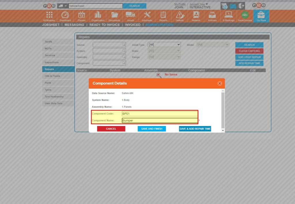 Step 6 - Next, add the component name. You can also add a component code, this can be used to search your repair catalogue. The component is the clickable item from the menu that can be added to the jobsheet.