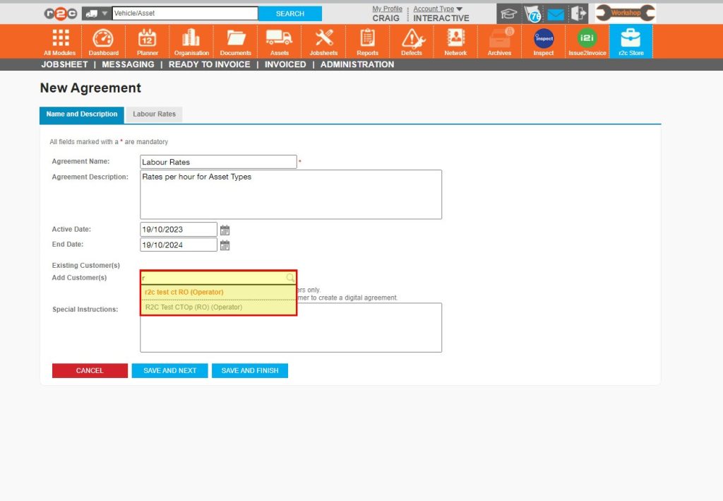Step 6 - Next, enter the customer’s name that this agreement is applicable to. Select the customer’s name from the list.