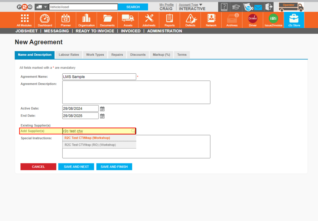 Step 5 - Next, enter the suppliers name that this agreement is applicable to. Select the suppliers name from the list. If these rates apply to multiple workshops, more than one supplier can be added to the list. click ‘SAVE AND NEXT’ once done.