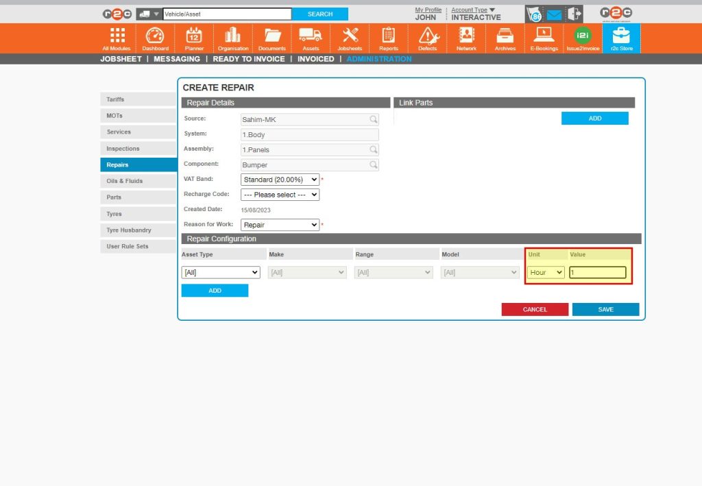 Step 7 - The only element that we need to add here is the agreed time to carry out the repair, this will then calculate the cost on the job. If needed, you can also restrict the repair to a specific asset type. Click ‘SAVE’ to complete.
