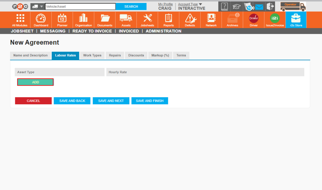 Step 6 - Once the agreement details have been filled in, you can then specify the labour rates for the different types of assets they service and repair. Start by clicking ‘ADD’