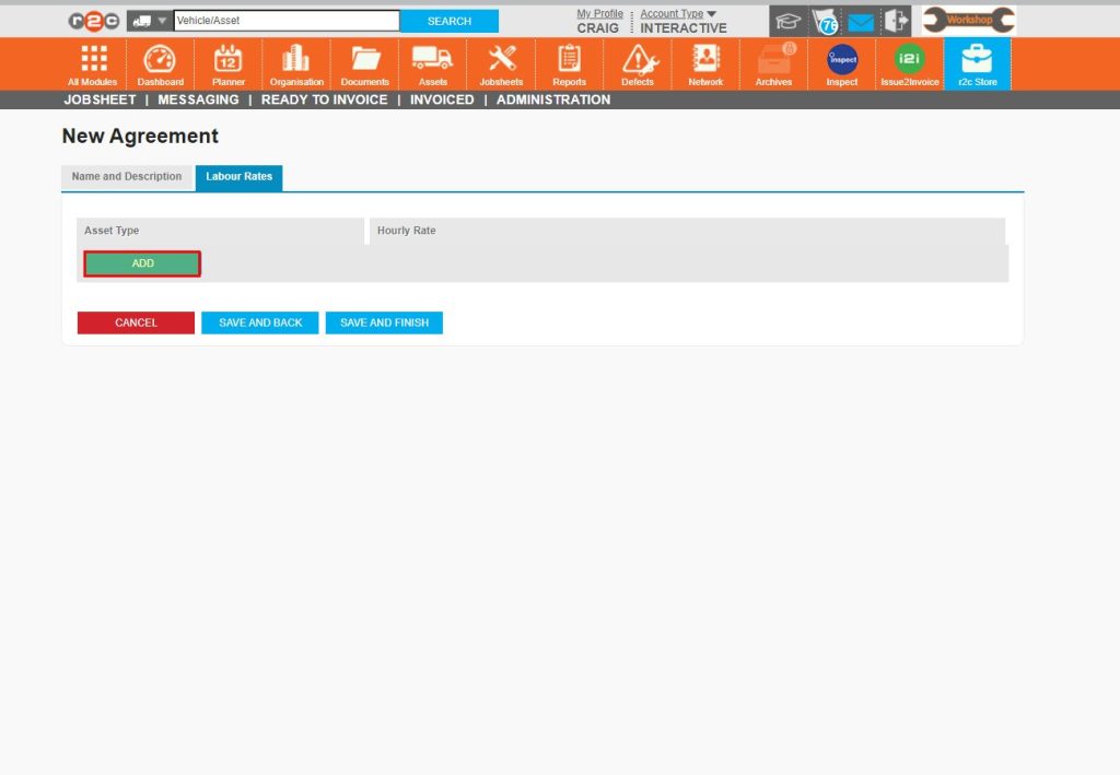 Step 8 - Once the agreement details have been filled in, you can then specify the labour rates for the different types of assets they service and repair. Enter step note. Start by clicking ‘ADD’