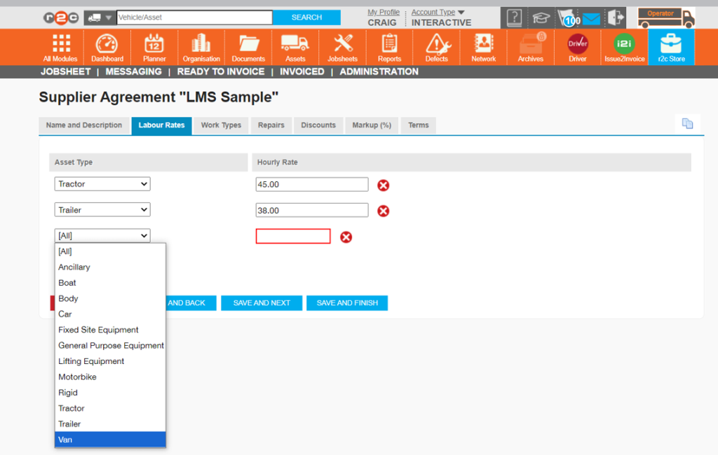Step 7 - Next, choose an asset type from the list and then the rate. In this case a charge of £45 per hour will apply on work done on Tractors and £38 for Trailers for this workshop’s jobs. You can continue to specify asset types and labour rates using the ‘Add’ button. Then click ‘SAVE AND FINISH’ once done.