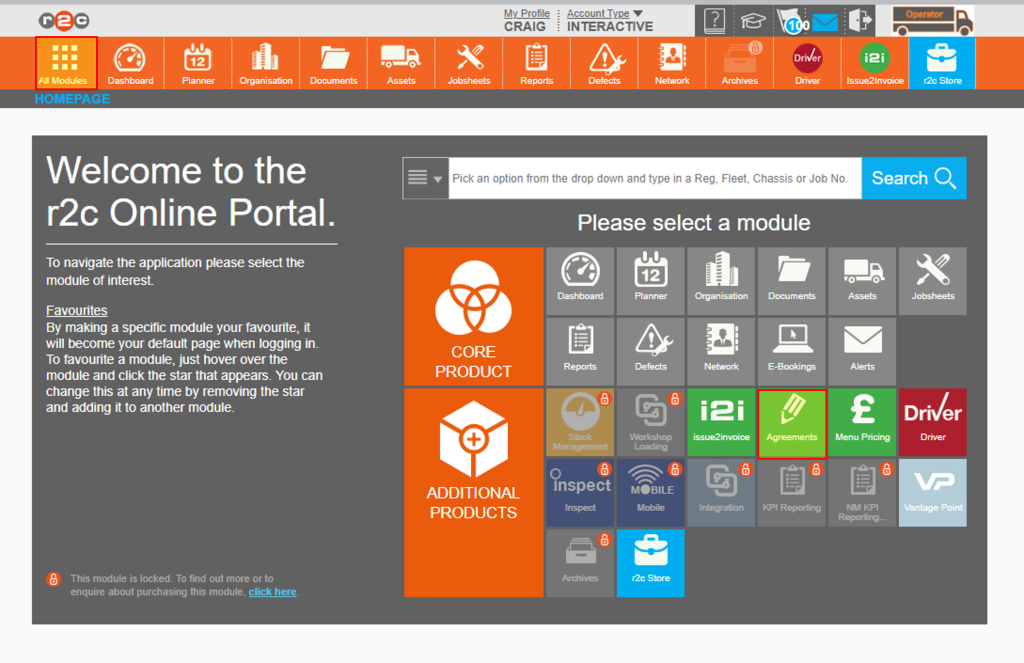 To access the agreements section start by clicking the ‘All Modules’ icon from the header bar and then click 'Agreements'.