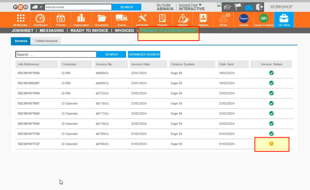 Step 1 – Once the job has been invoiced, either through the jobsheet or via the READY TO INVOICE page, the new FINANCE SYSTEM INVOICES page with show confirmation that the invoice has been passed to the accounting package. Any pending statuses should complete within the minute.