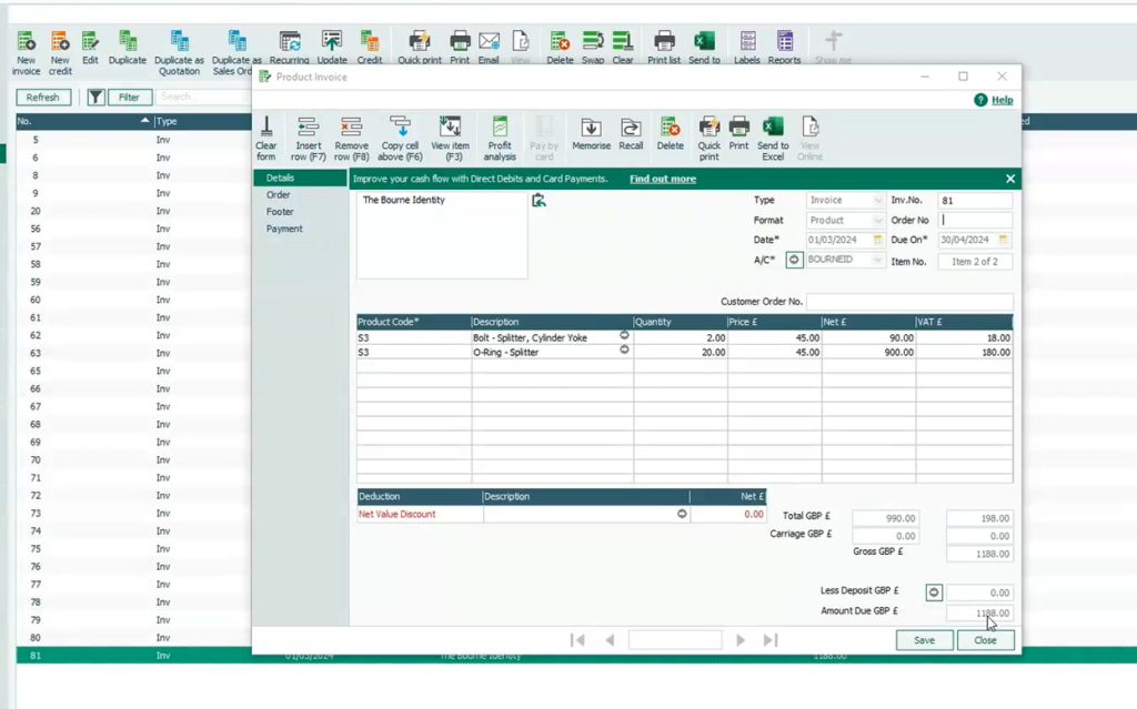 Step 2 – The invoice can now be found in the finance accounting package.
