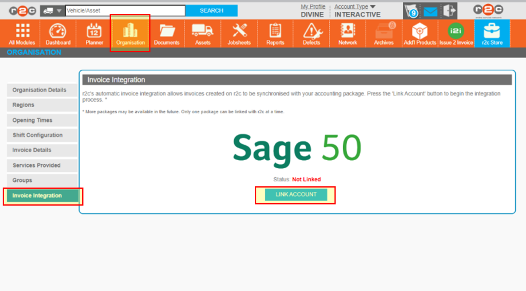 Step 1 – From the Organisation page and Invoice Integration tab, select 'LINK ACCOUNT'